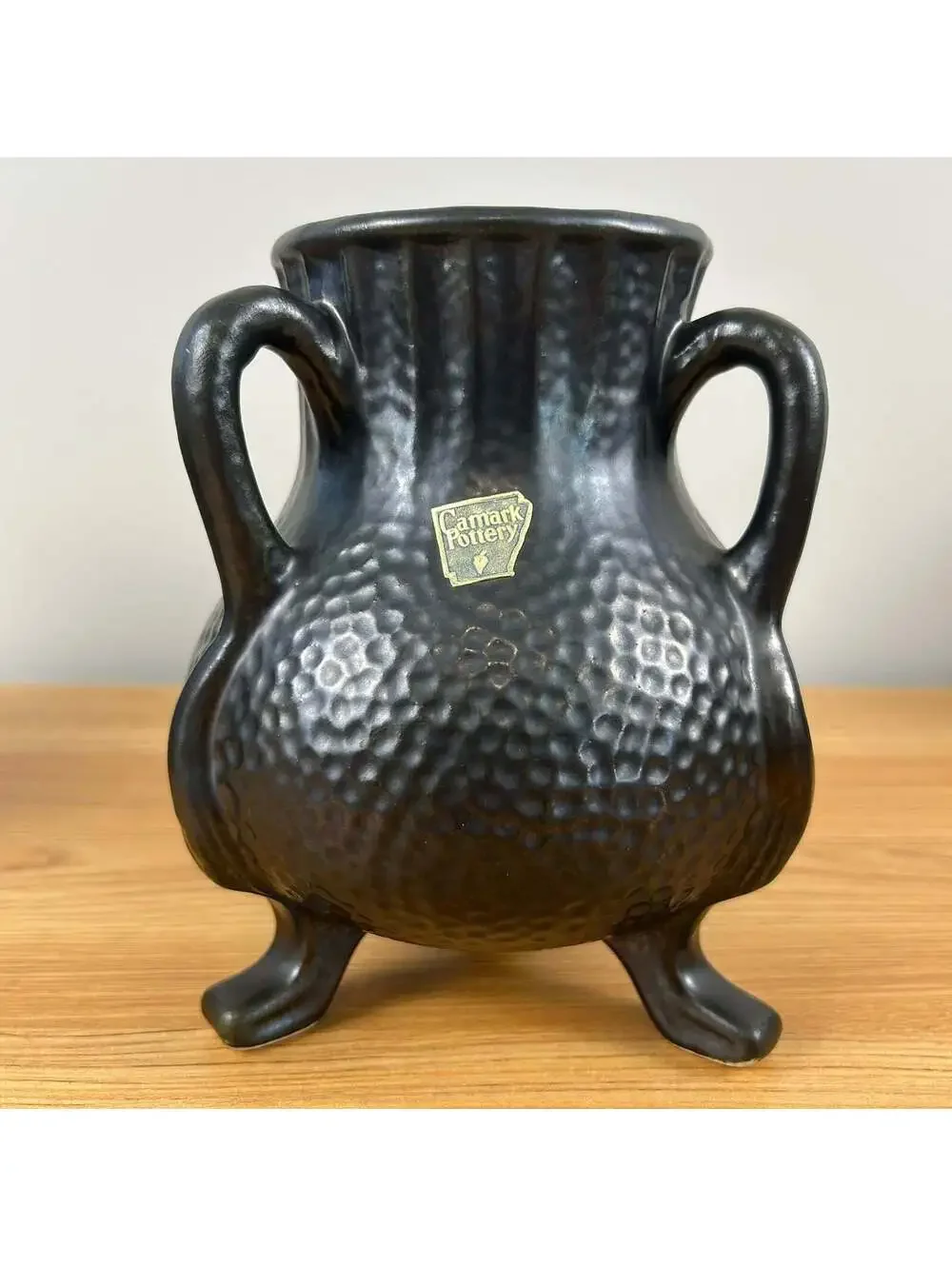 Camark Art Pottery Black Gun Metal Glaze Dimpled Surface 3 Legged Handled Vase